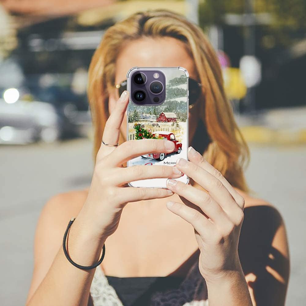 Funda transparente compatible con iPhone 14 Pro Max, diseño de camión rojo de árbol de Navidad, diseñada para mujeres, niñas, adolescentes, cuatro