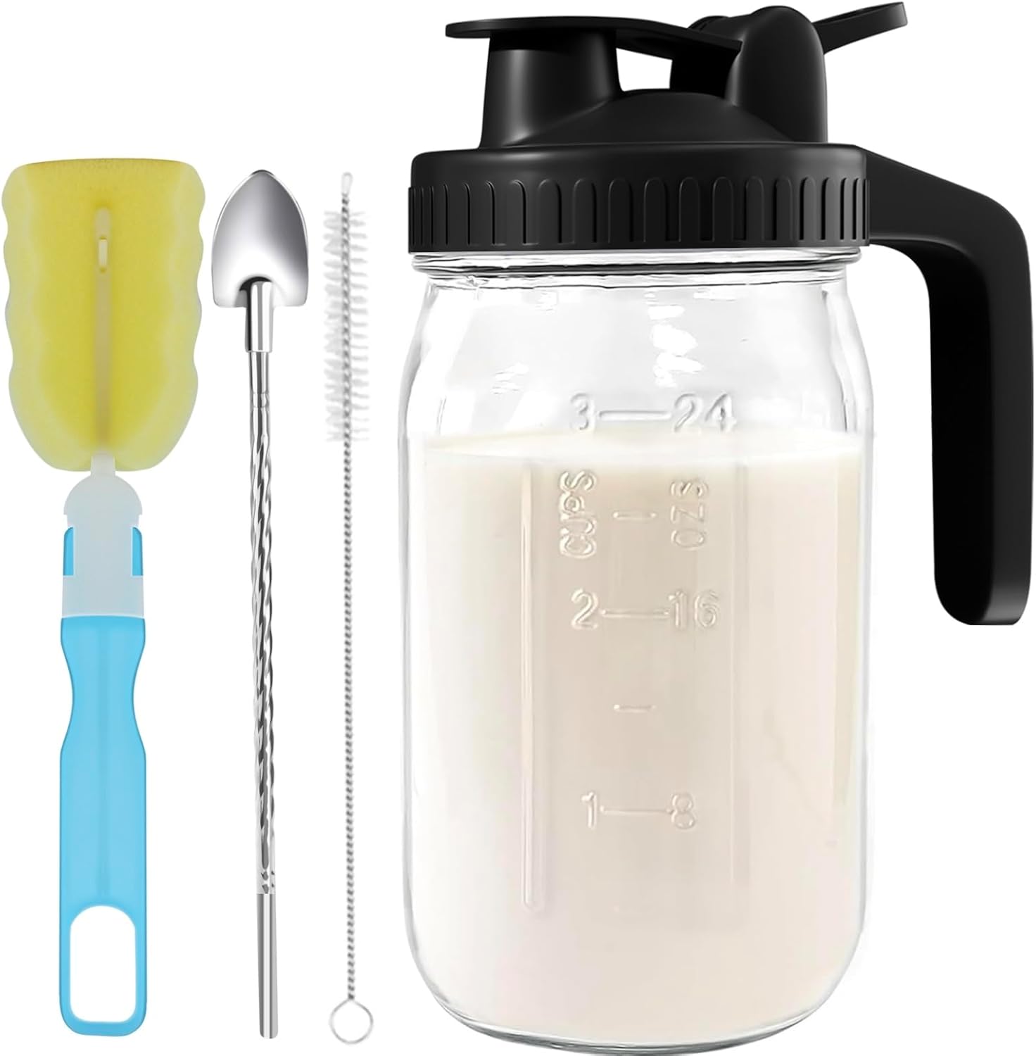Jarra de vidrio Mason de 32 onzas con tapa de boquilla de vertido, sellado hermético, ideal para café frío, jugo, limonada y más, jarra de vidrio