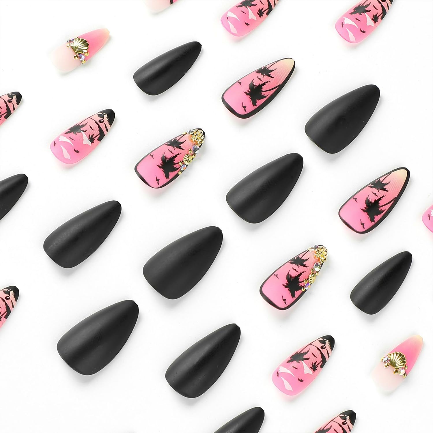 Uñas doradas a presión, estilo almendra larga, patrón de gaviota de árbol de coco negro, acabado mate degradado rosa, uñas postizas reutilizables