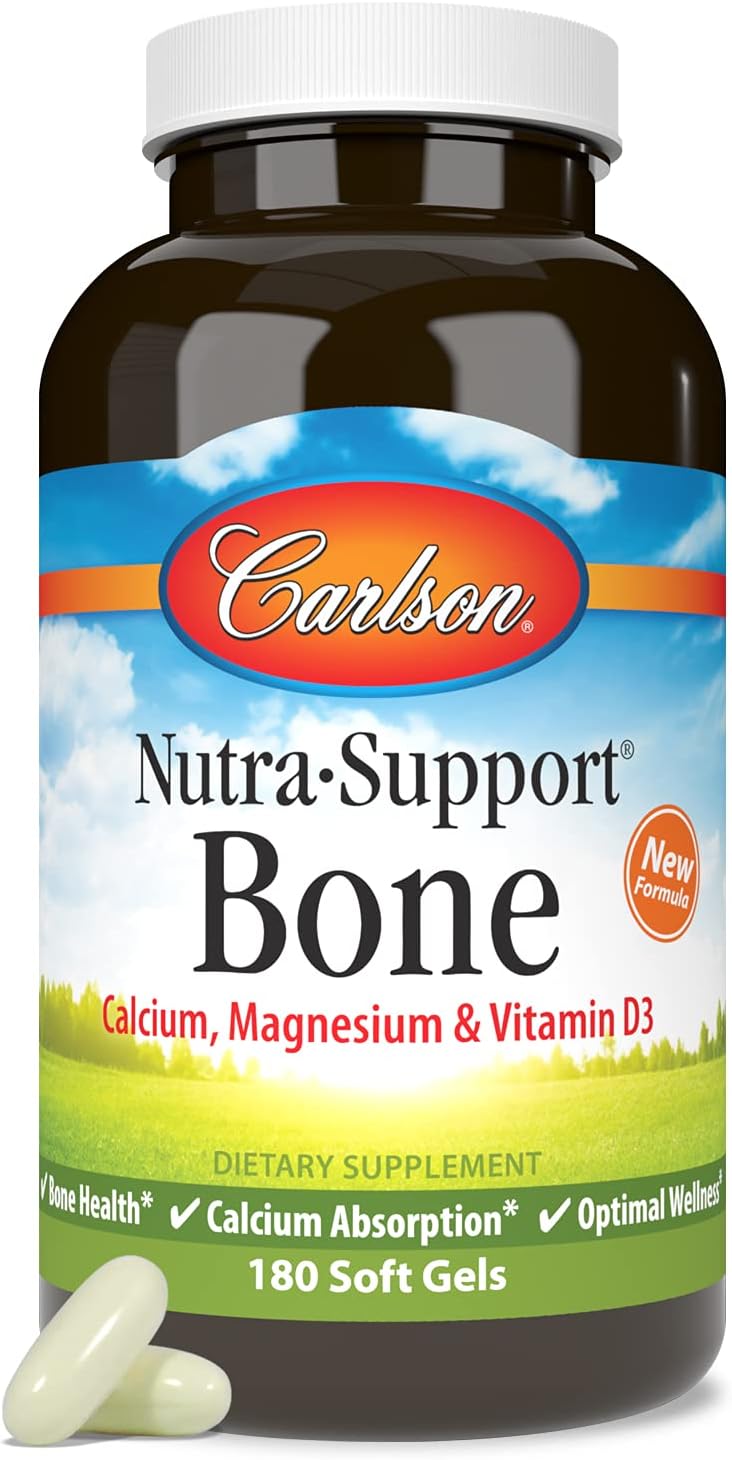 Carlson – Nutra-Support Hueso, calcio, magnesio y vitamina D3, salud ósea, absorción de calcio y bienestar óptimo, 180 cápsulas blandas