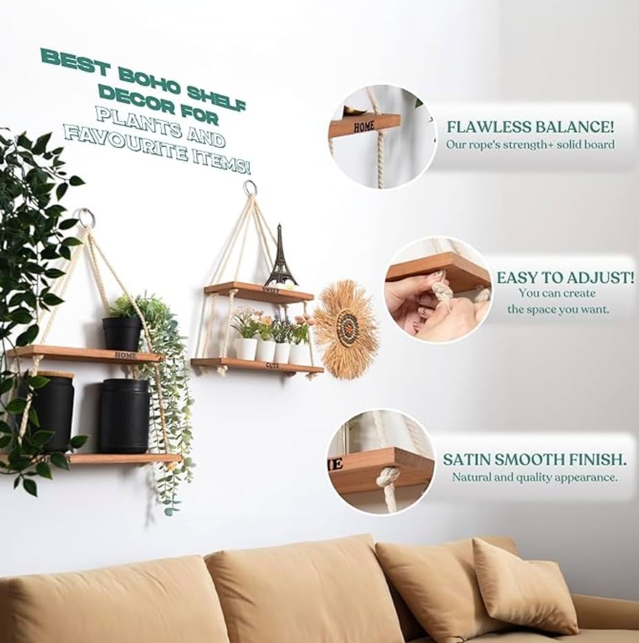 Estantes colgantes para pared, estante colgante para plantas, estantes bohemios de madera para decoración de dormitorio de otoño, estantes de cuerda