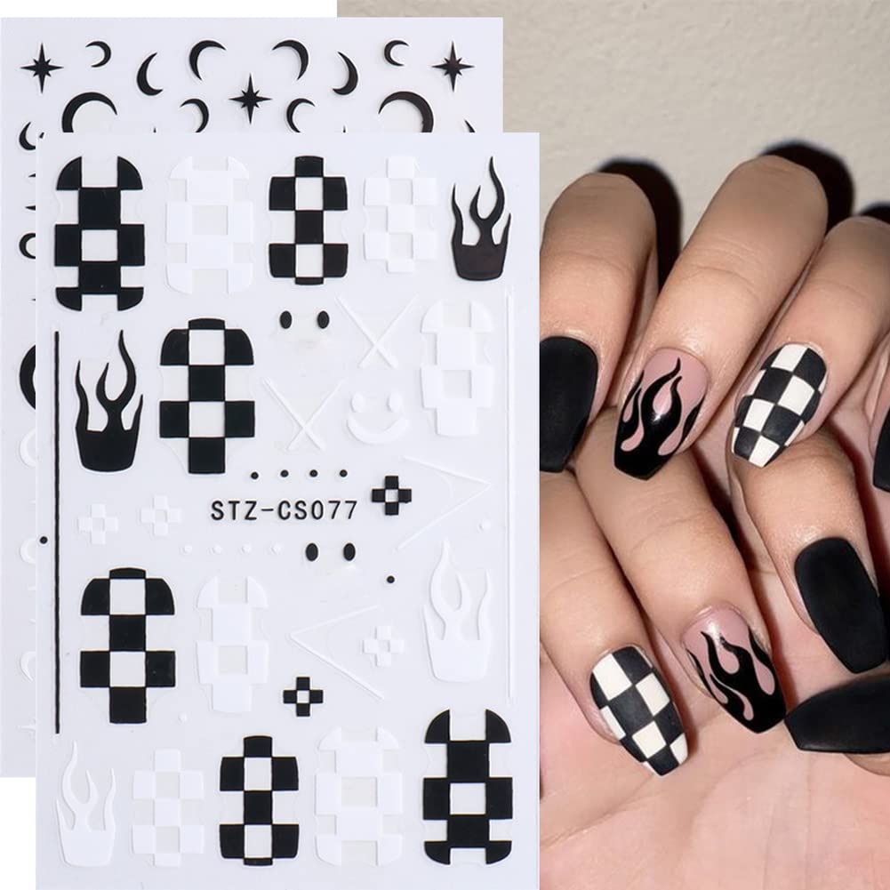 8 hojas de calcomanías divertidas de grafiti, suministros de uñas, calcomanías de uñas autoadhesivas 3D, estrellas, luna, mariposa, rejilla, llama,