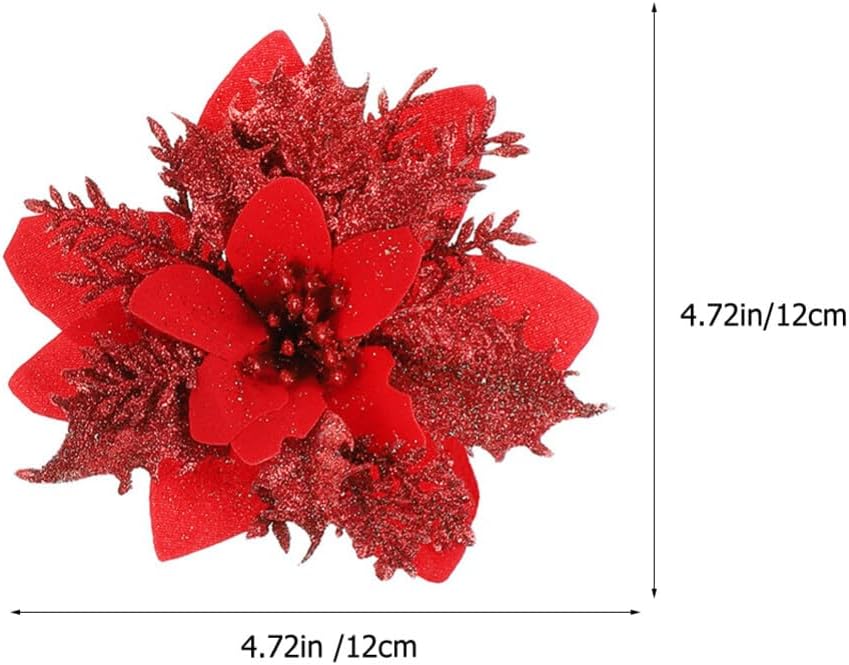 VOSAREA Decoraciones de Navidad, 24 piezas de flores de pascua de Navidad con purpurina artificial, flores en aerosol para árbol de Navidad,