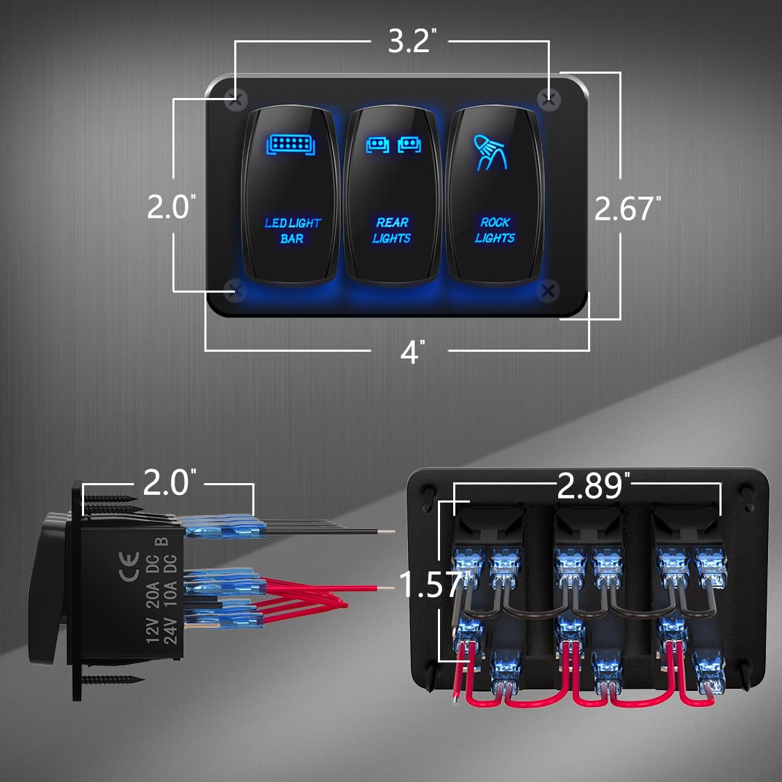 DaierTek Paquete de 3 paneles de interruptor de interruptor basculante marino + panel de interruptor de barra de luz LED