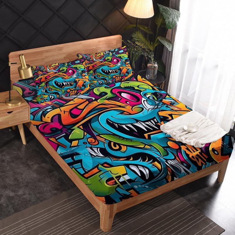 zcsm Graffiti Sheets – Juego de sábanas tamaño Queen, sábanas de microfibra suave y bolsillo profundo, sábanas y fundas de almohada estampadas sin