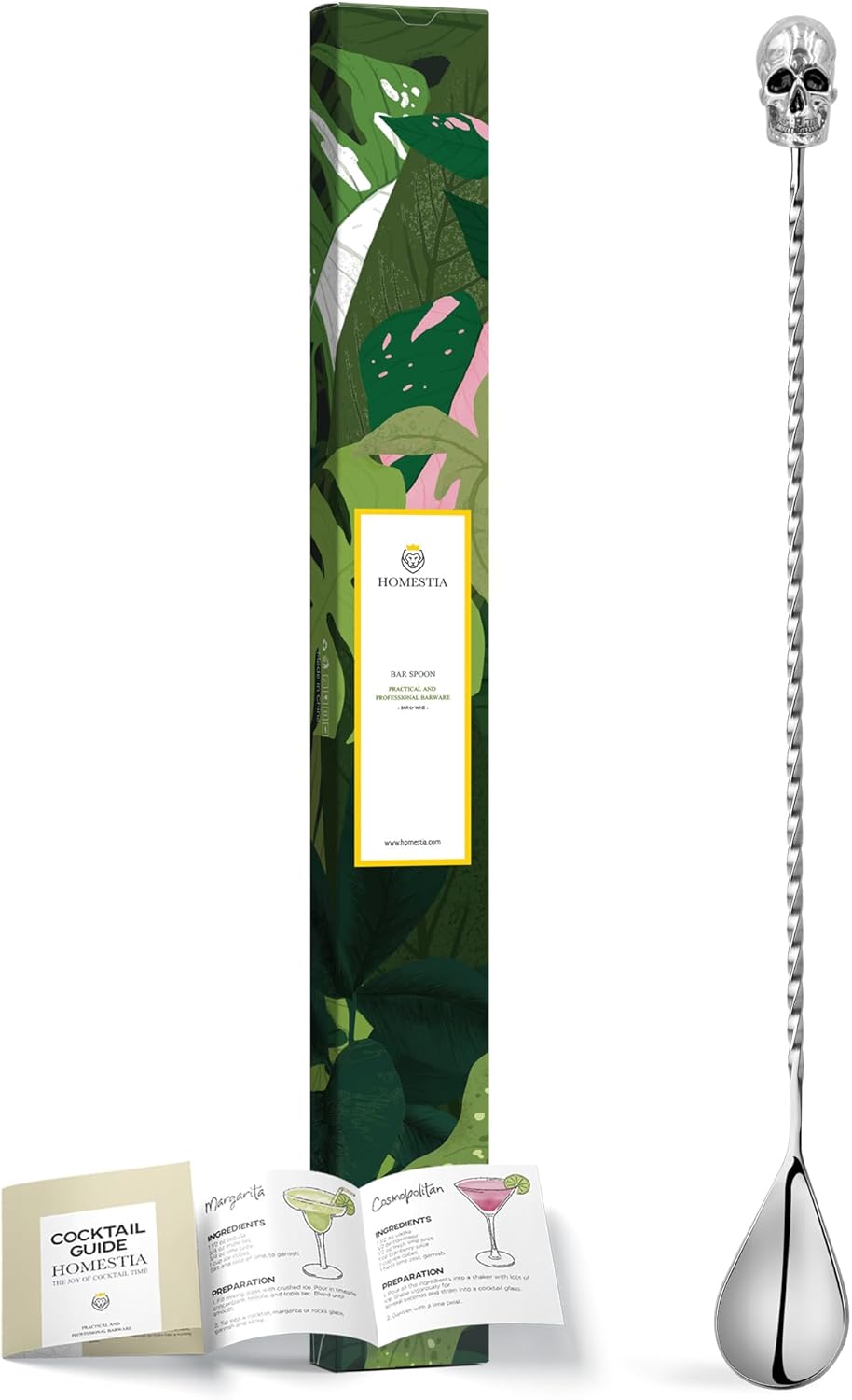 Homestia Cuchara de barra de calavera de acero inoxidable de 12 pulgadas, herramienta de barra plateada para bar barman hombres y mujeres, Acción de