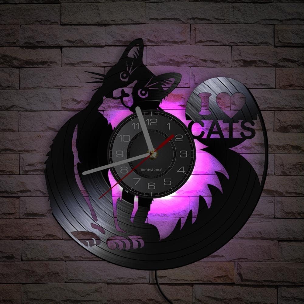 Love Cat – Reloj de pared de vinilo con temática de gato con función de luz nocturna LED, regalo hecho a mano para amantes de las mascotas y niños