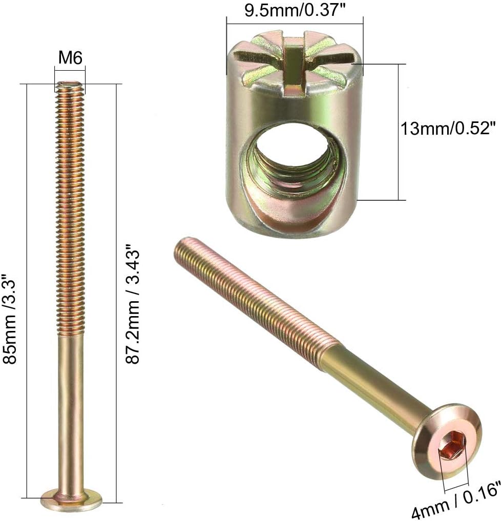uxcell M6x85mm – Juego de tuercas hexagonales para muebles, 1.890 in, longitud de rosca con tuercas de barril para camas, cabeceros, sillas, 8 juegos