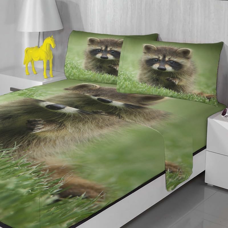 Sábanas de mapache tamaño Queen  Preciosos juegos de sábanas y fundas de almohada  Lujoso 100% microfibra, estampado de alta cantidad de hilos,