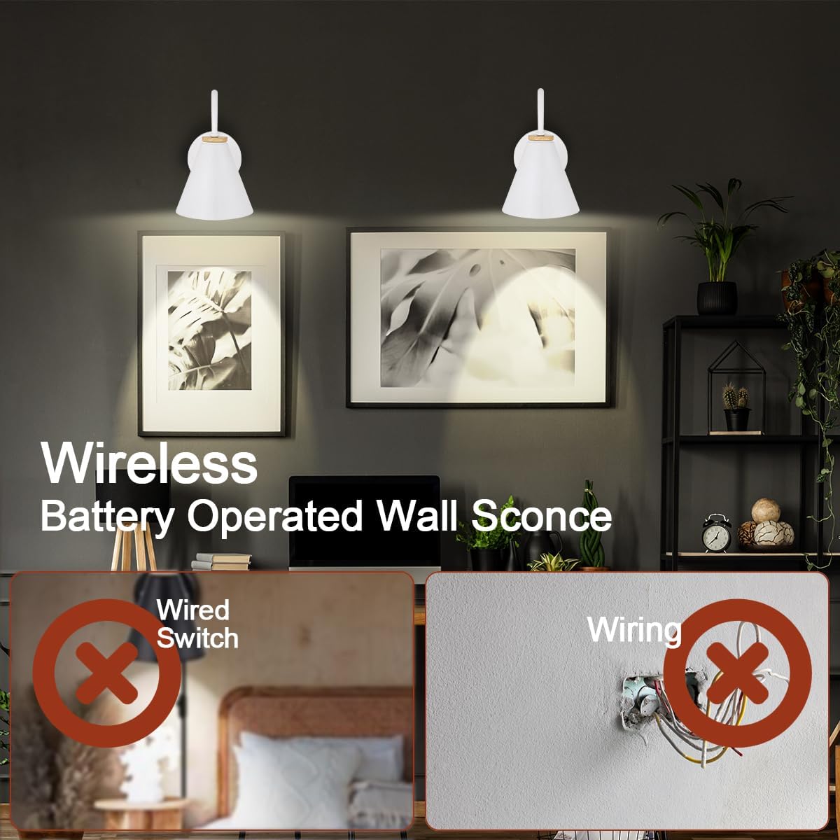 Juego de dos apliques de pared de madera sintética blanca a pilas, fácil de instalar, sin cables, control remoto, temporizador automático, bombilla