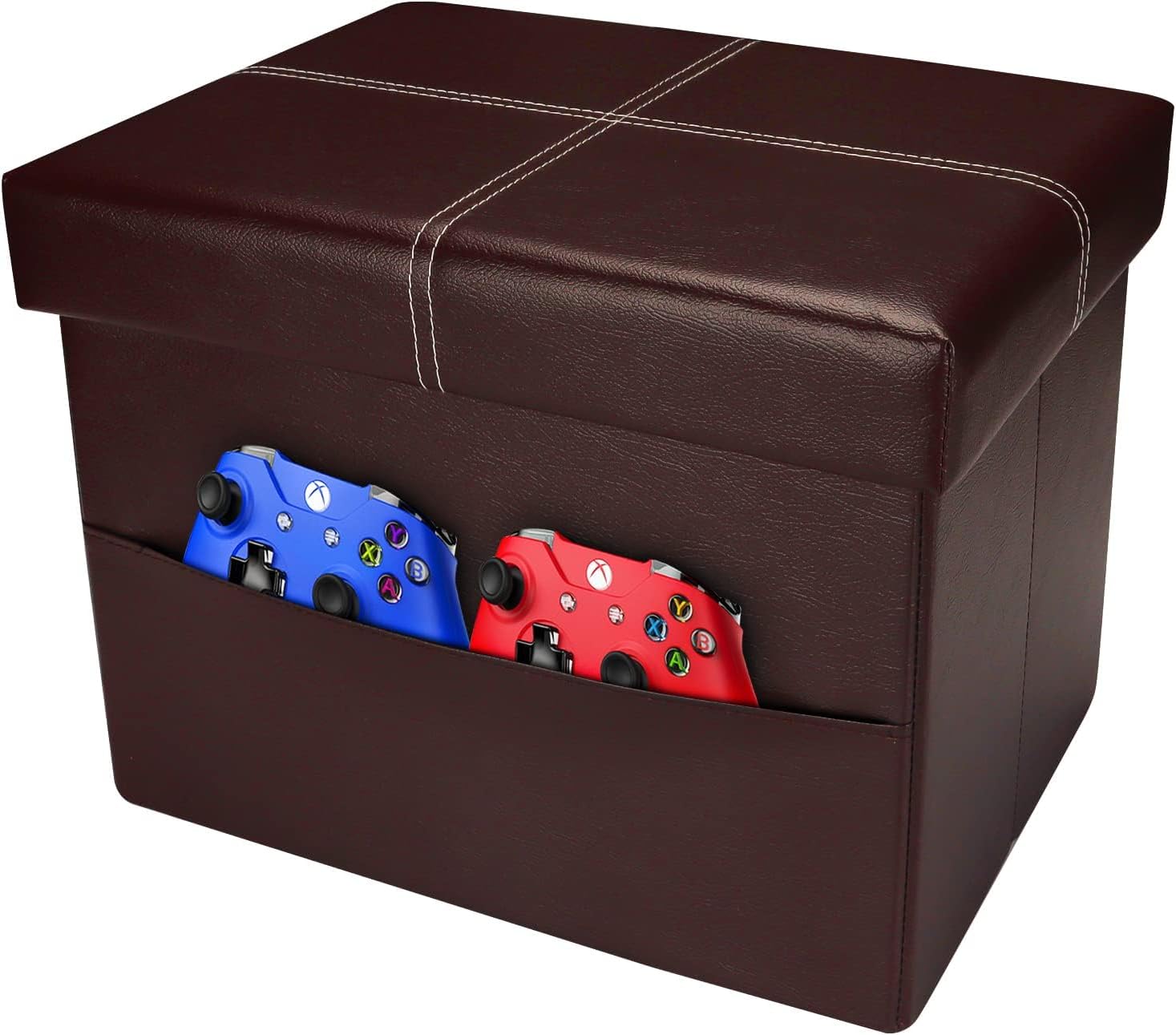 AmasSmile Otomana plegable de almacenamiento con bolsillo lateral, reposapiés, reposapiés, otomana de cuero negro con almacenamiento para sala de