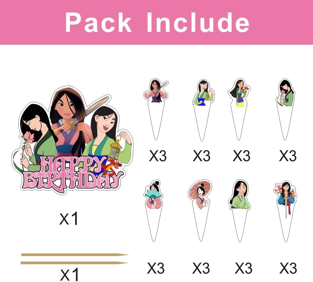 Mulan – Decoraciones de fiesta de cumpleaños con 25 piezas de decoración para pasteles y cupcakes para suministros de fiesta de cumpleaños de Mulan