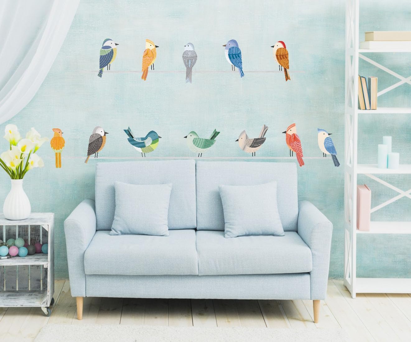 OLMIXA Vinilo decorativo de pared de pájaros grandes, diseño de pájaros en alambre, vinilo colorido con temática de naturaleza, arte de pared para