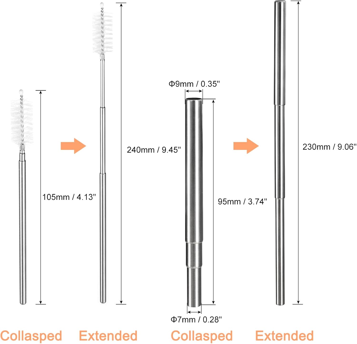 uxcell 4 popotes de metal reutilizables, de 3.7 a 9.1 pulgadas, pajitas telescópicas portátiles de acero inoxidable con estuche plano y cepillo de