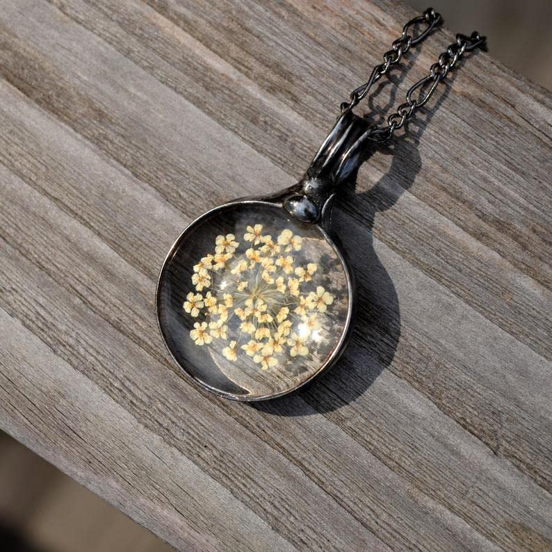White Wildflower Necklace for Women Real Pressed Flower Queen Anne’s Lace Glass Pendant Birthday 13th Wedding Anniversary Gift Artisan Crafted by