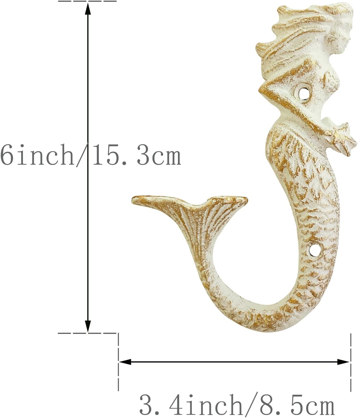 Juego de 2 ganchos decorativos de pared de hierro fundido de sirena, temática de playa y océano, decoración de pared rústica vintage (blanco,