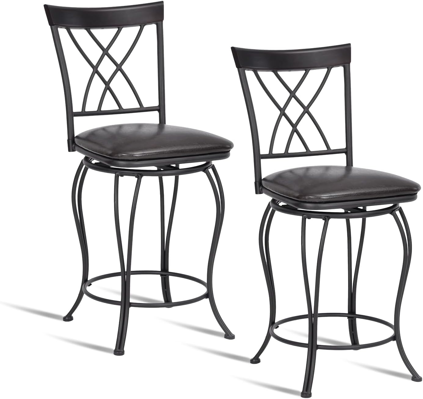 FurnitureR Juego de 2 taburetes de bar clásicos, elegantes taburetes de bar giratorios con respaldo de metal y reposapiés para cocina, isla, pub,