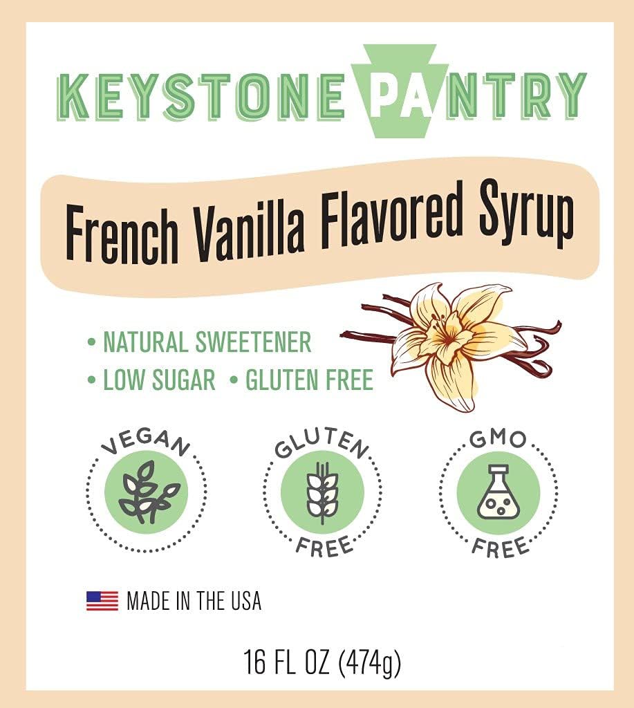 Keystone Pantry Jarabe con sabor a vainilla francesa, botella de 1 pinta de edulcorante natural, bajo en azúcar, sin gluten, vegano, sin OMG, Kosher