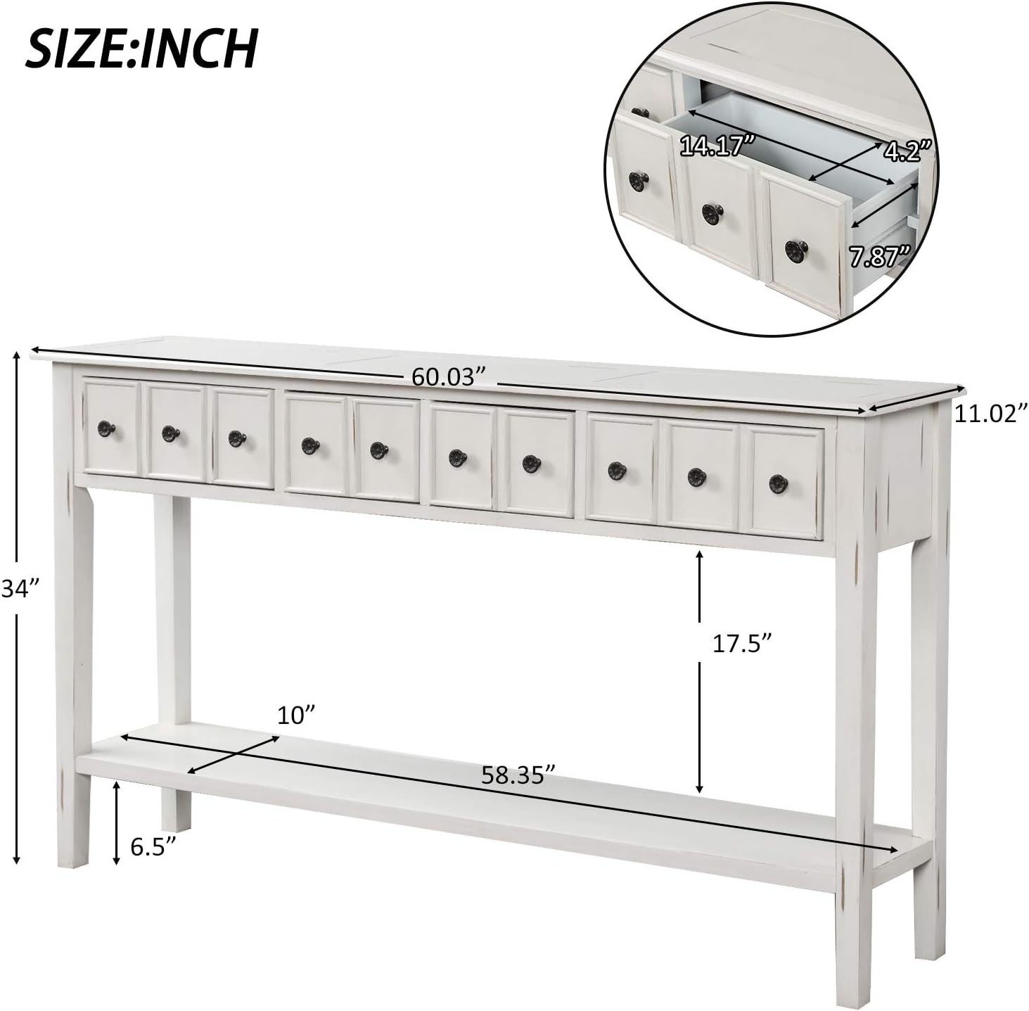 MERITLINE Mesa de entrada larga de madera retro de 60 pulgadas con cajones de almacenamiento, mesa consola estrecha detrás del sofá mesa decorativa