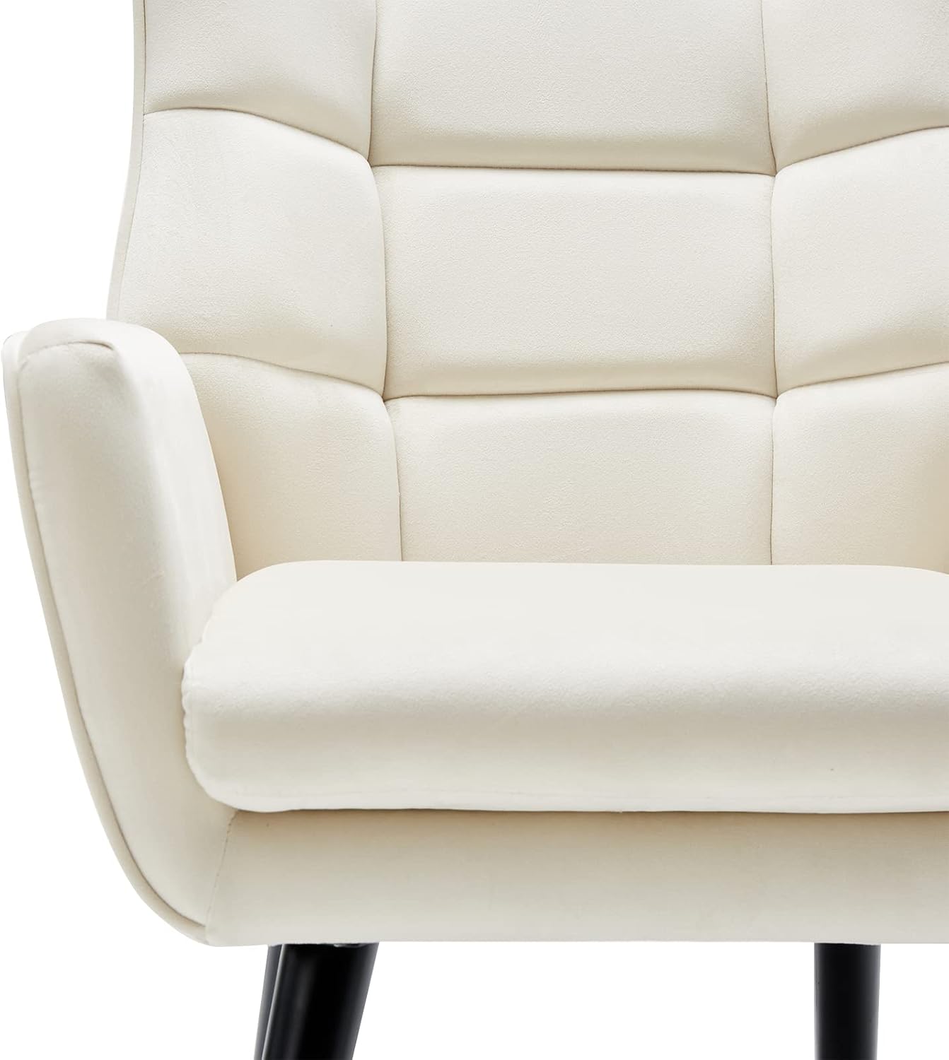 Silla decorativa color blanco crema, silla de terciopelo con respaldo de ala, a cuadros, cómoda silla copetuda con patas de madera, sofá individual