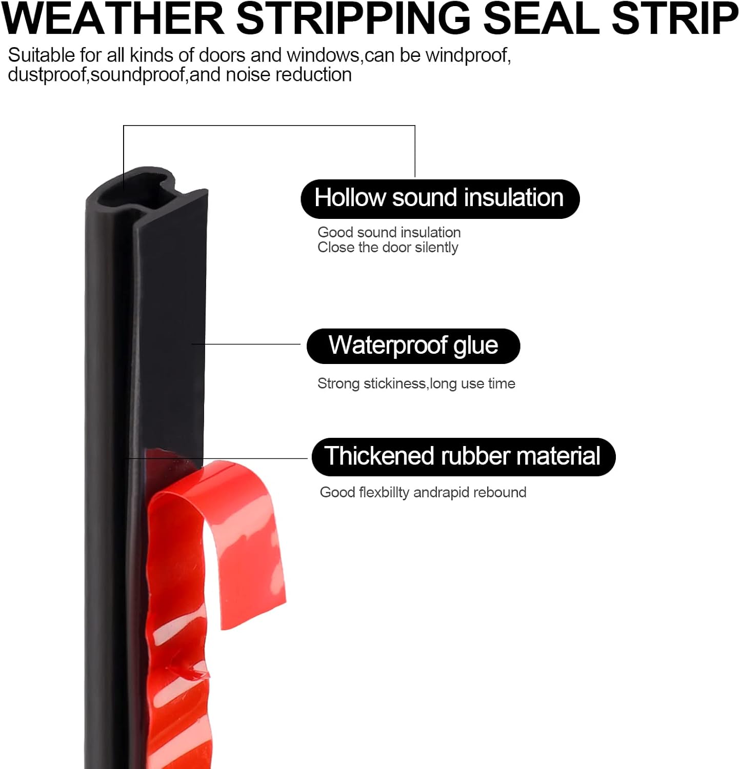 Tira de sellado en forma de D de 40 pies para puertasventanas, burlete adhesivo para puerta, tira de goma para sellar puerta, impermeable,