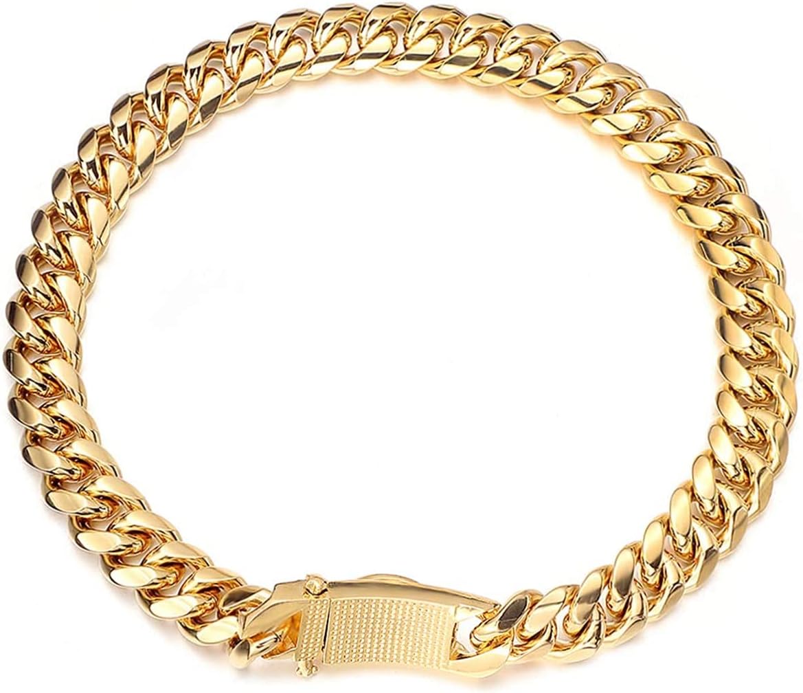Collar de cadena resistente para perro, acero inoxidable, 0.551 in, oro de 18 quilates, collar de metal para caminar, collar de perro adecuado para