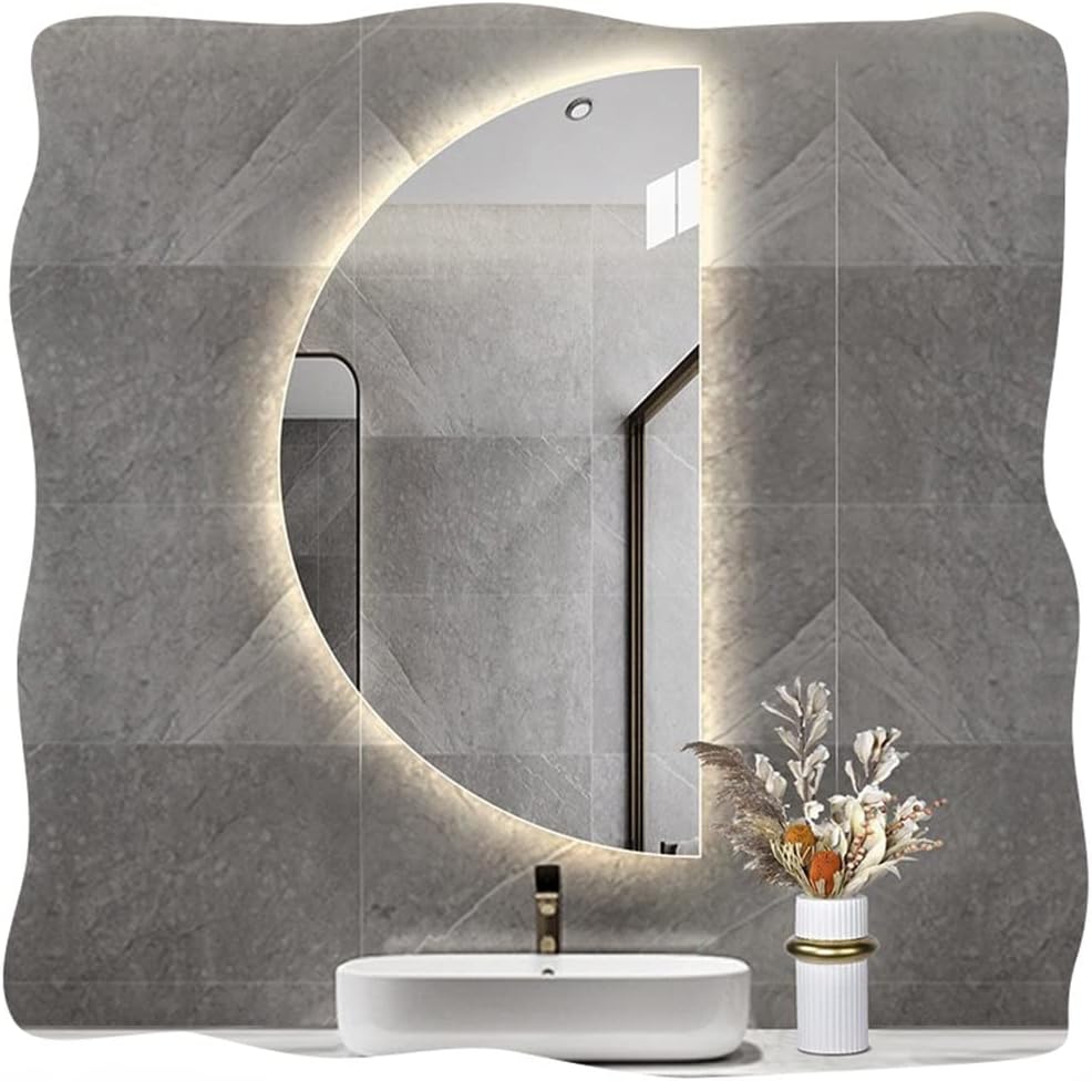 MKEING Espejo de tocador de medio círculo, espejo de baño LED de 20, 24, 28, 32 pulgadas, moderno espejo de pared sin marco, espejo retroiluminado