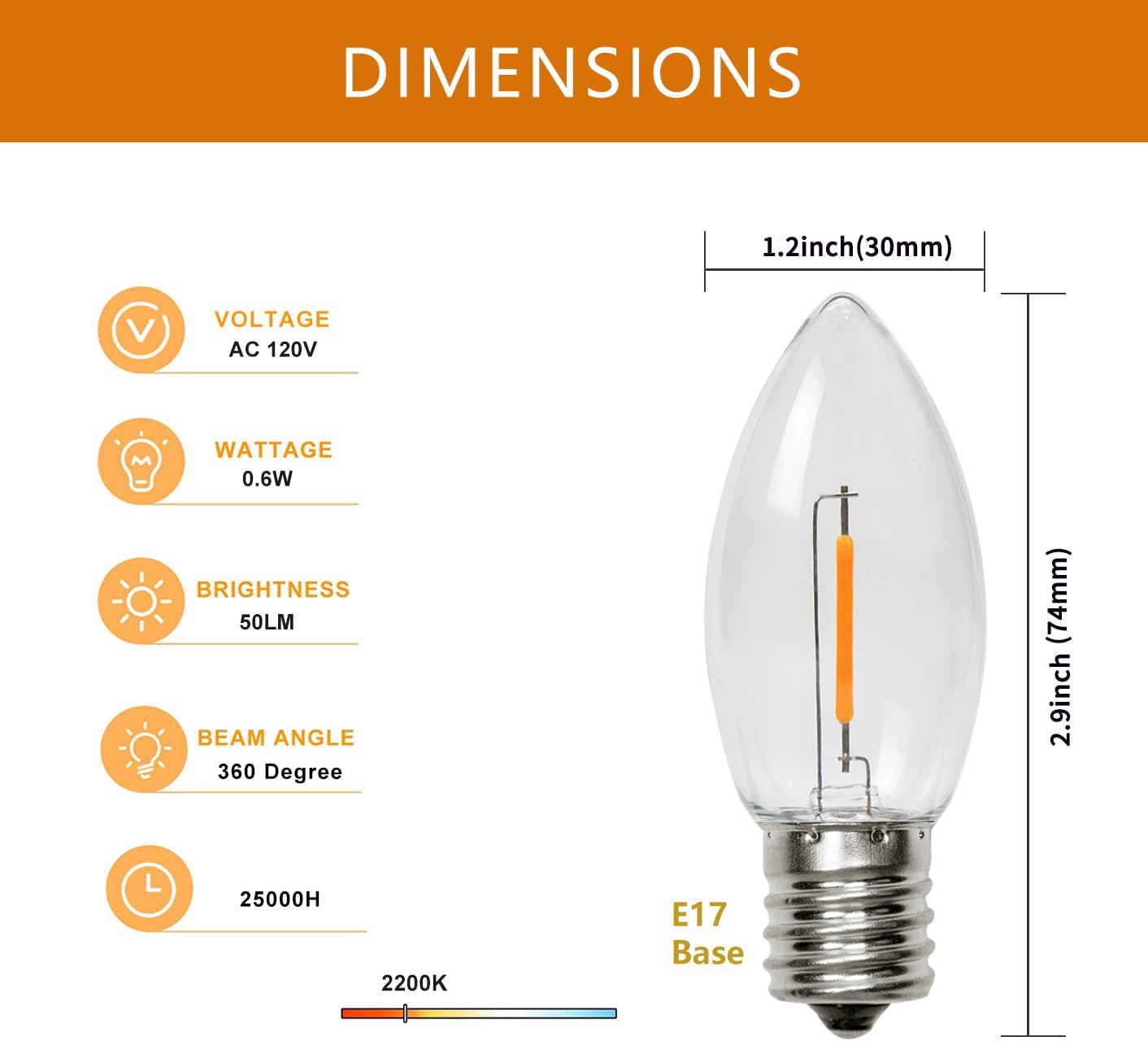 C9 – Bombillas LED de repuesto para camino de Navidad, para interiores y exteriores, 0.6 W equivalente a 7 W, blanco cálido 2200 K, base E17