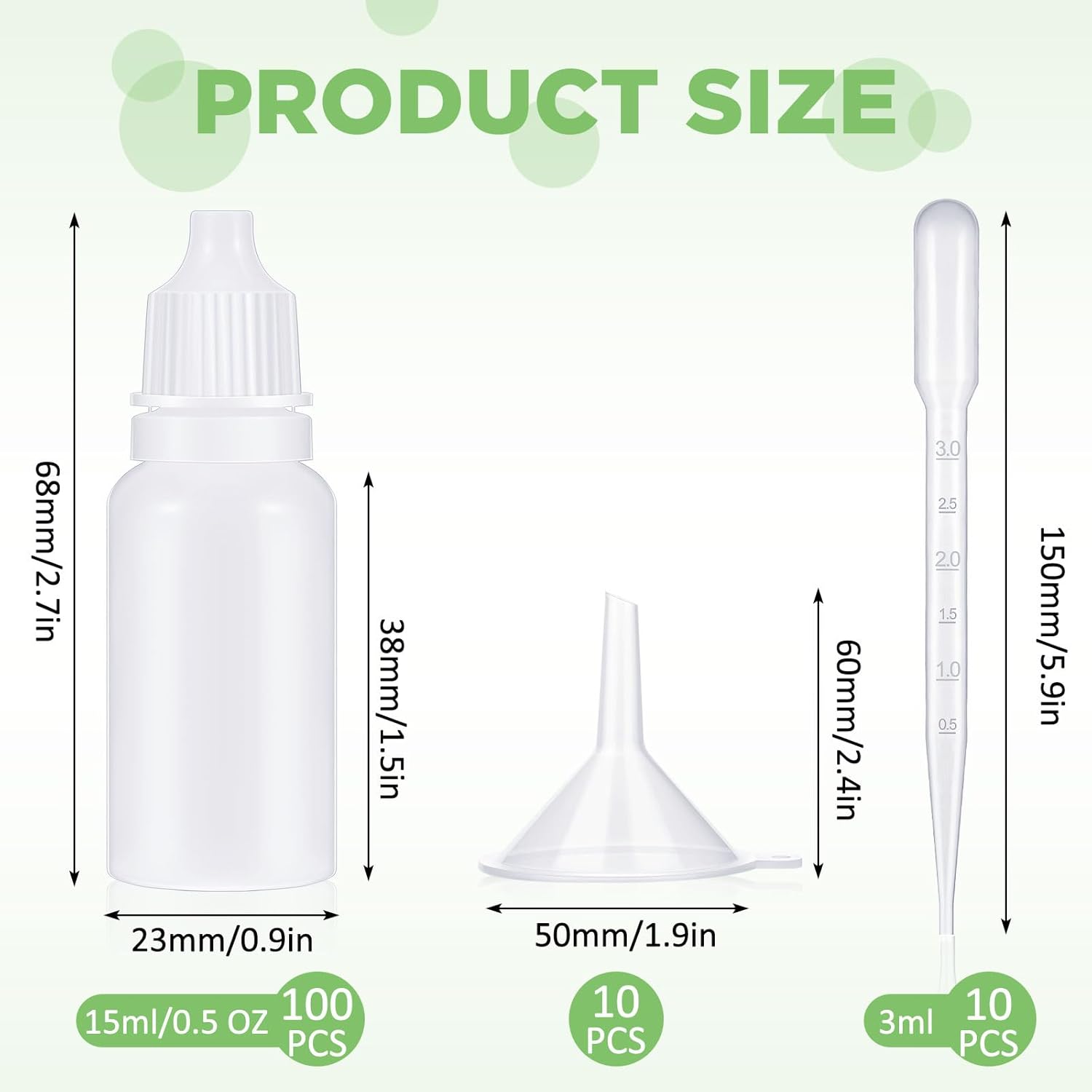 Uiifan 100 botellas de plástico con cuentagotas de líquido exprimible con tapa de rosca, 10 cuentagotas de embudo para gotas de ojos (blanco, 0.5 fl