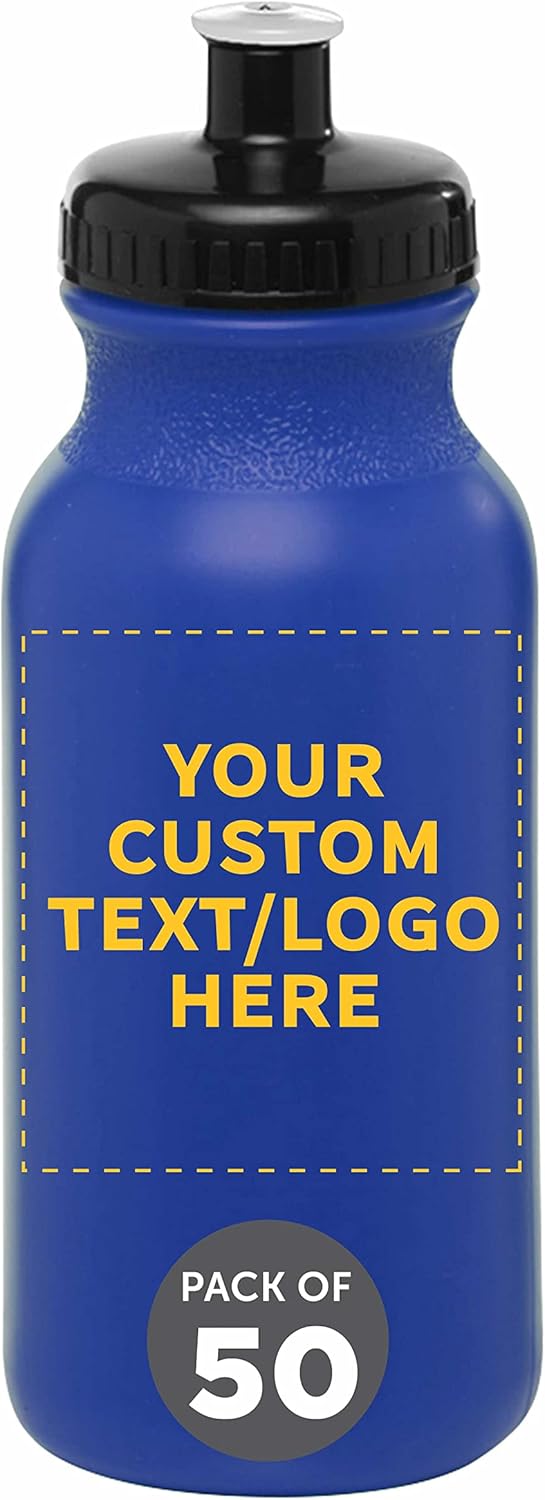 DISCOUNT PROMOS Juego de 50 botellas de agua personalizadas de 20 onzas con tapa a presión, paquete personalizado a granel, perfectas para gimnasio,