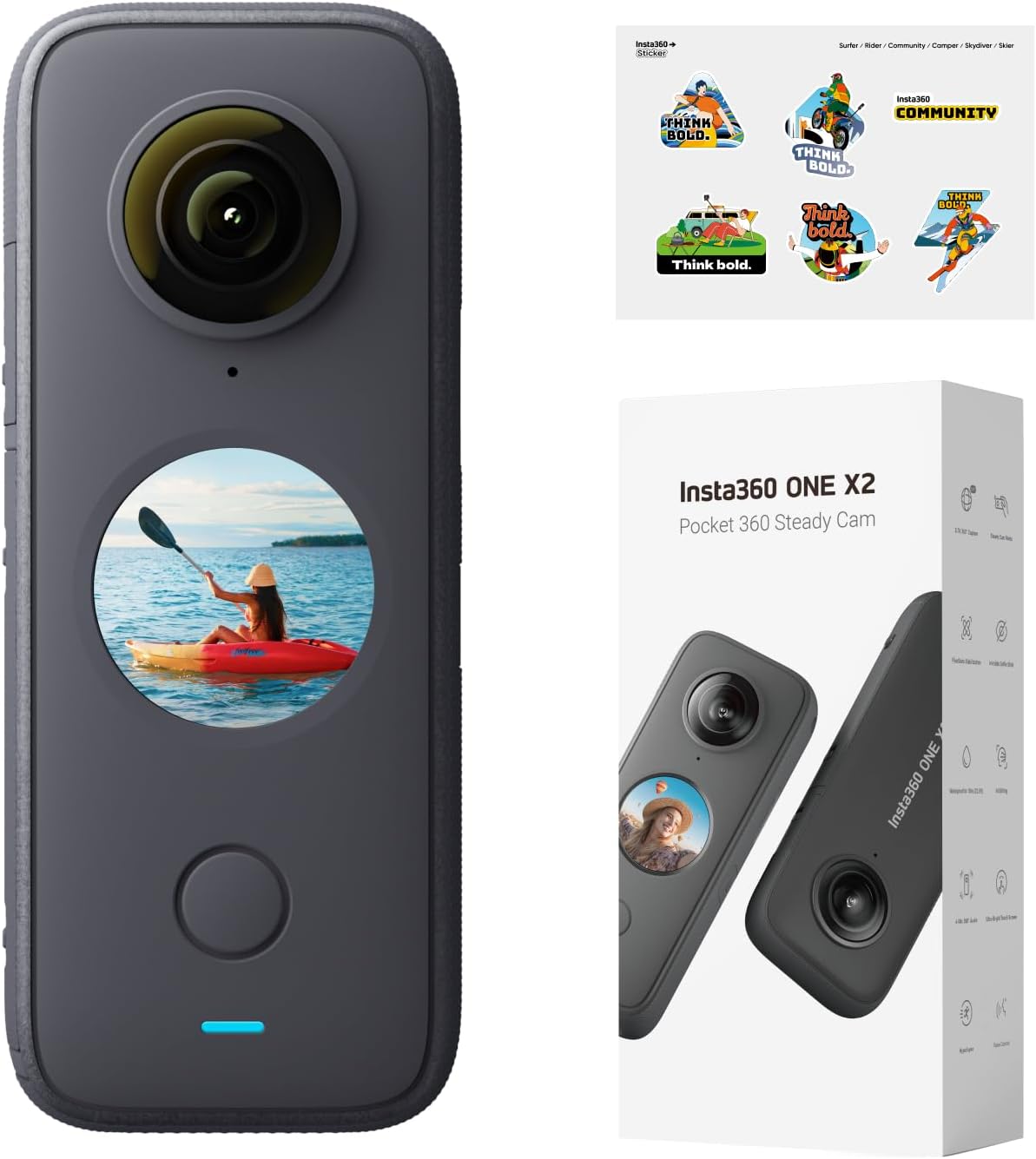 Insta360 ONE X2 – Kit de adhesivos para cámara de acción impermeable de 360 grados, 5.7K 360, estabilización, pantalla táctil, edición AI,