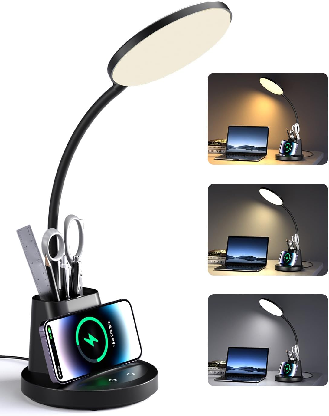 GOLSPARK Lámpara de escritorio con cargador inalámbrico para oficina en casa, lámpara de lectura que cuida los ojos, 3 modos de color, lámpara de