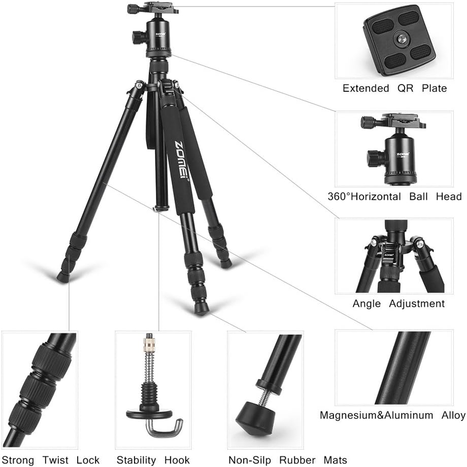Trípode monopié portátil de aluminio profesional ZOMEi Z818, de 65 pulgadas, con cabezal esférico de 360 grados, placa de liberación rápida de 14 de