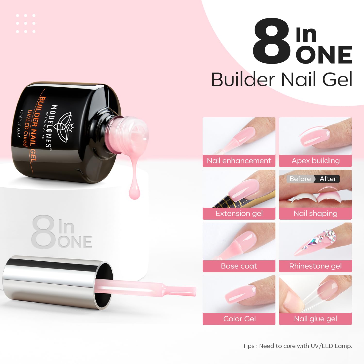 modelones Builder – Gel de uñas 8 en uno, constructor de gel rosa para engrosar las uñas, lámpara LED de uñas curada, base de esmalte de uñas, gel