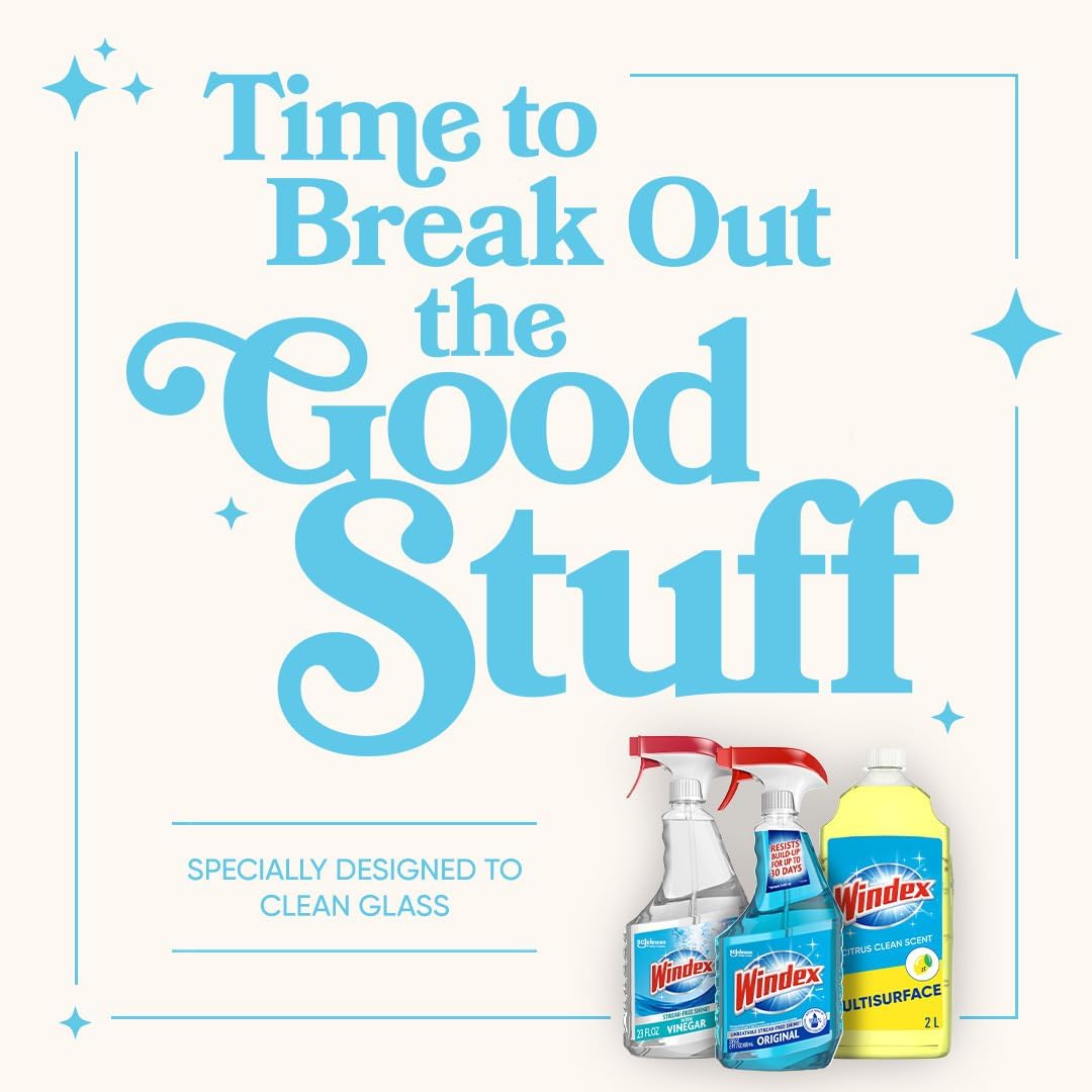 Windex Botella de spray limpiador de vidrio y ventanas, nuevo embalaje diseñado para evitar fugas y roturas, color azul original, 23 onzas líquidas