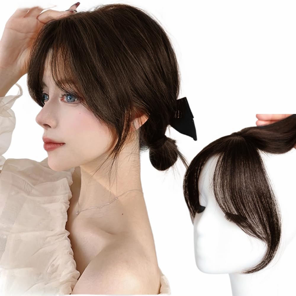 Extensiones de cabello humano natural con flequillo, parte media, fleco lateral para mujer, extensiones invisibles de cabello humano (marrón oscuro)