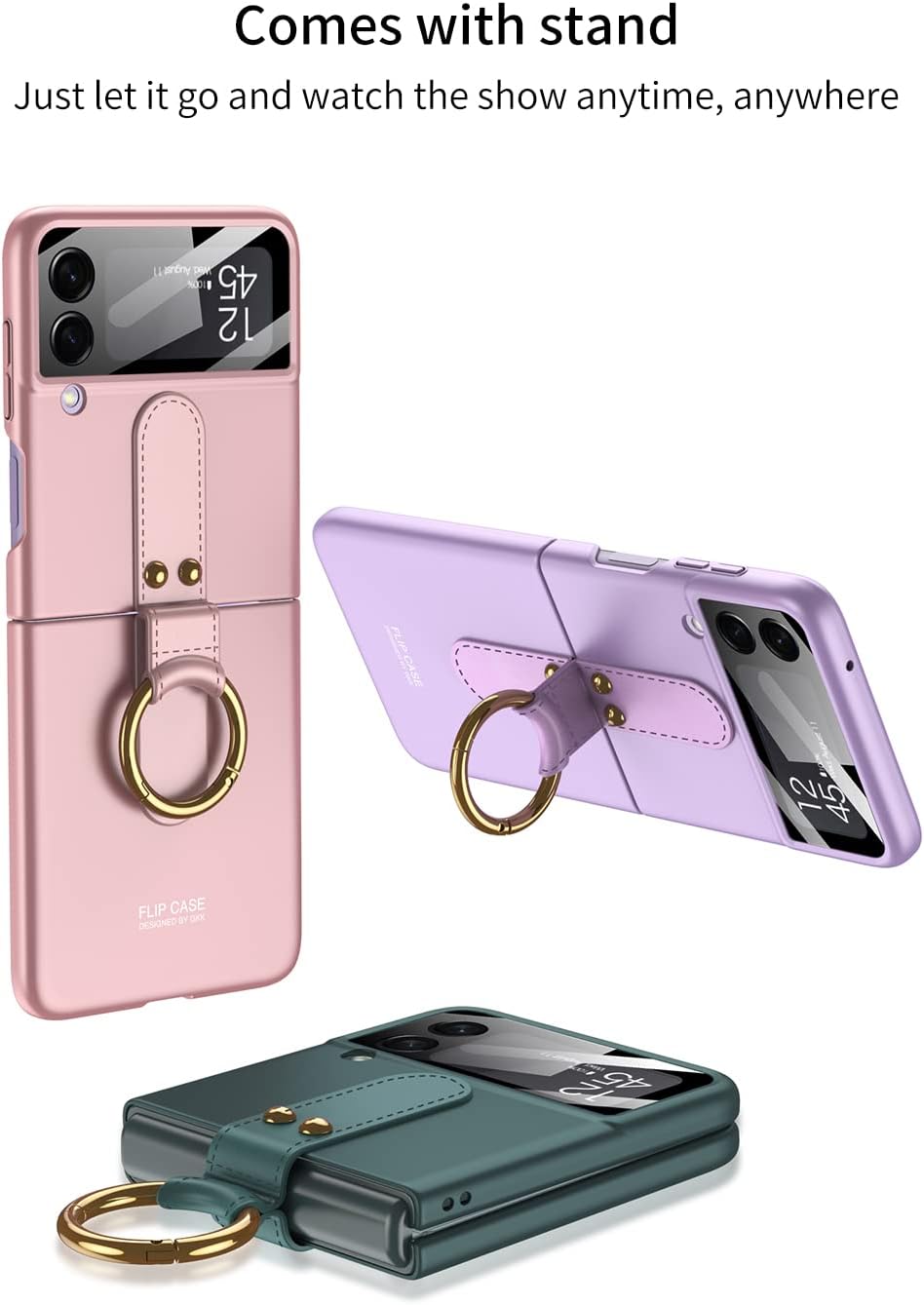 Funda para Galaxy Z Flip 4 con soporte de anillo y correa de vidrio 9H, protector de pantalla para lente de cámara de vidrio ultra fino, funda de