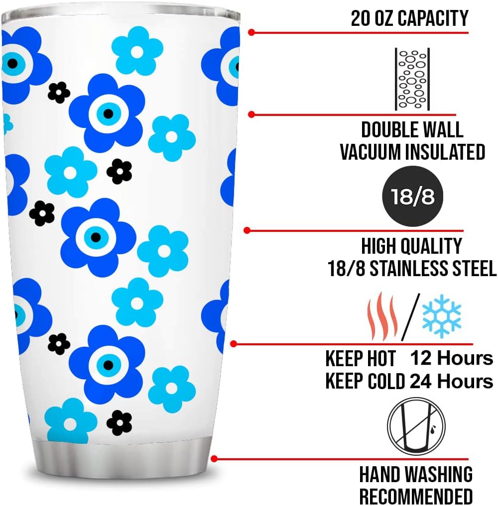 Regalo de 20 onzas para mujeres, madres y niñas, regalo de flores de mal de ojo azul turco, regalo de protección de buena suerte para mujeres, taza
