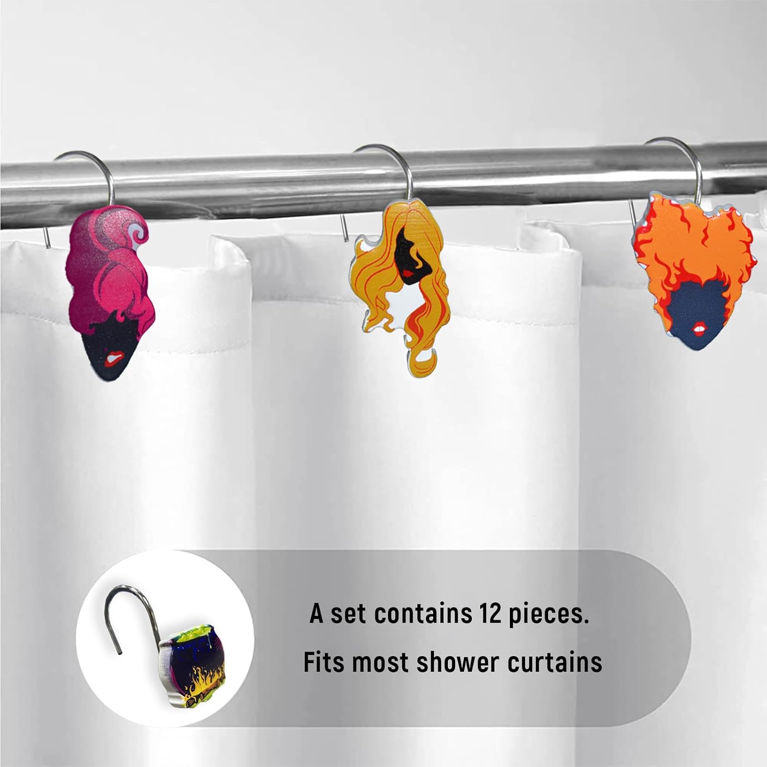 12 ganchos decorativos de Halloween para cortina de ducha, anillos, accesorios de decoración de baño, metal inoxidable y resina pintada a mano,