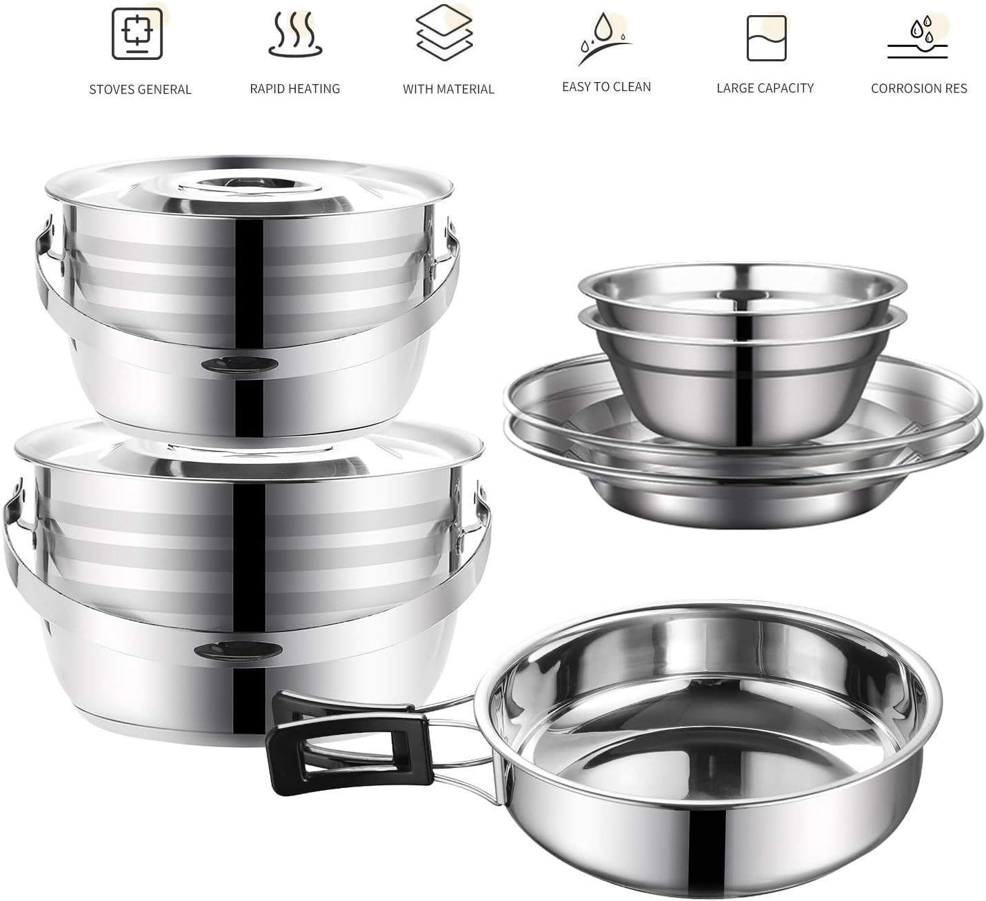 Juego de utensilios de cocina para acampar, juego de cocina de acero inoxidable 304, juego de ollas y sartenes para acampar con soplos, tazas,