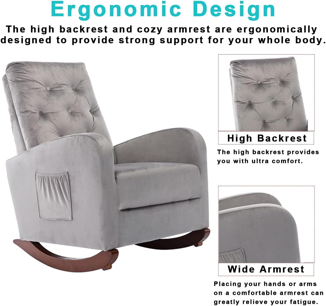 Silla mecedora decorativa, capitoné tapizada de terciopelo de lujo, sillón mecedor deslizante con bolsillo lateral para guardería, sala de estar,