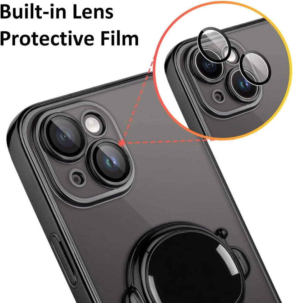KANGHAR Funda transparente compatible con iPhone 15 con soporte oculto de astronauta chapado en 6D, protección de cámara completa, TPU suave, a