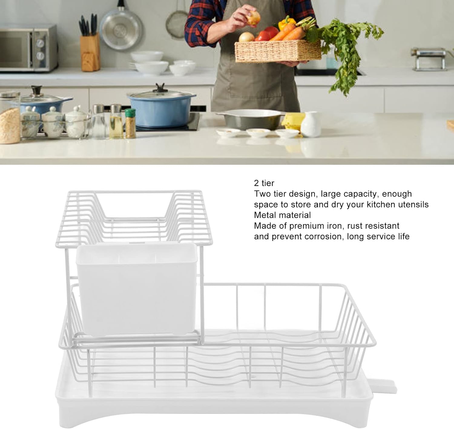 Escurridor de platos para encimera de cocina, 2 niveles con soporte para tazas, escurridor de platos con escurridor, soporte para utensilios de gran