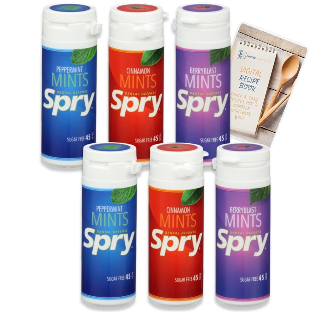 Spry – Paquete variado de 6 mentas 100% xilitol, sin azúcar, sin gluten, naturales, sin OMG para la salud bucal, cuidado de las encías, defensa