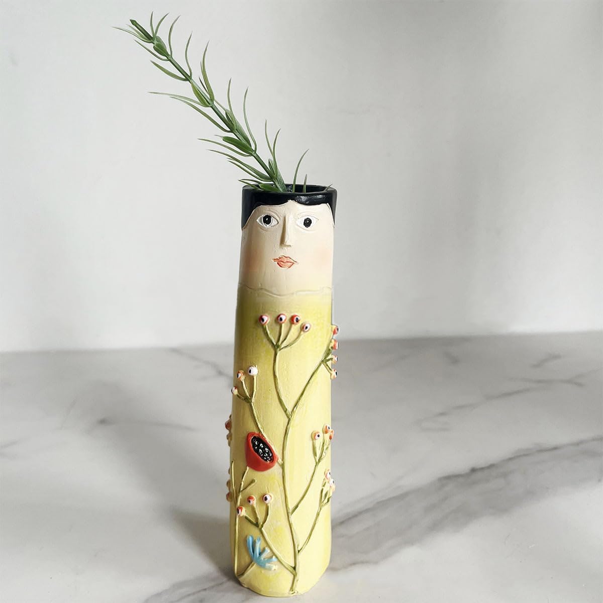 Floreros familiares de primavera, florero familiar bohemio de resina, bonito jarrón pintado a mano para niñas, bonito jarrón de personaje a mano,
