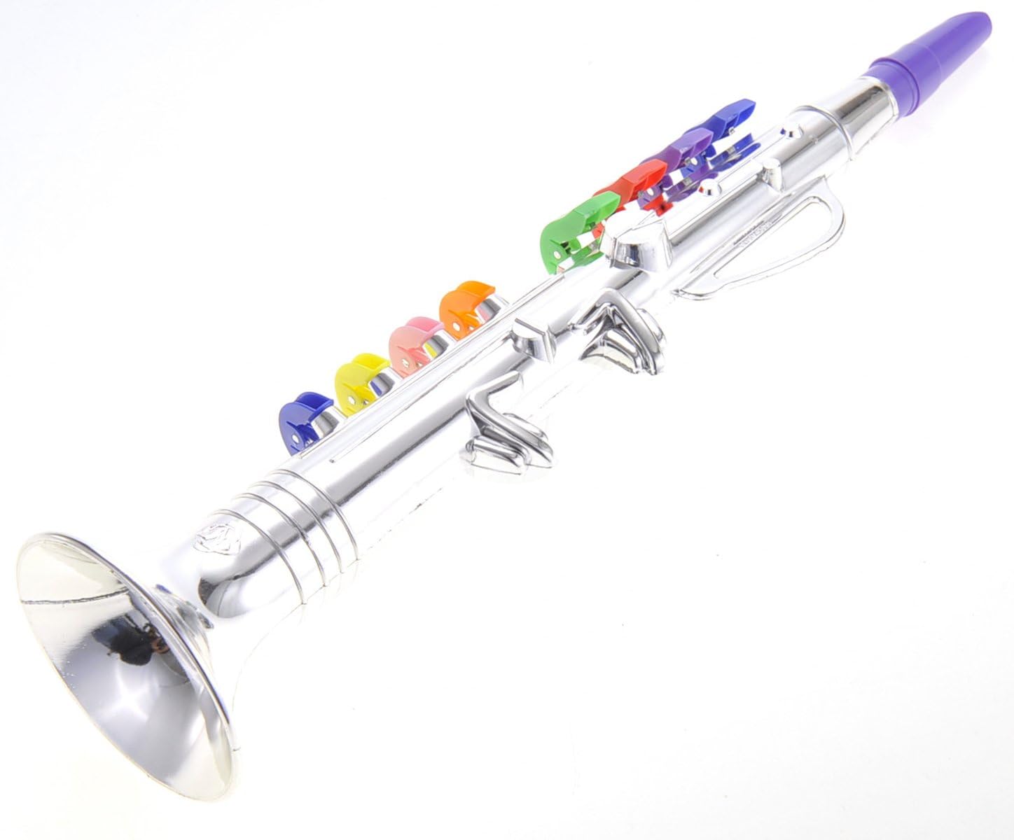PowerTRC Cuerno de trompeta para niños  Insrumento musical de viento  8 teclas de colores  Niños pequeños  Clarinete de aprendizaje  Plata metálica