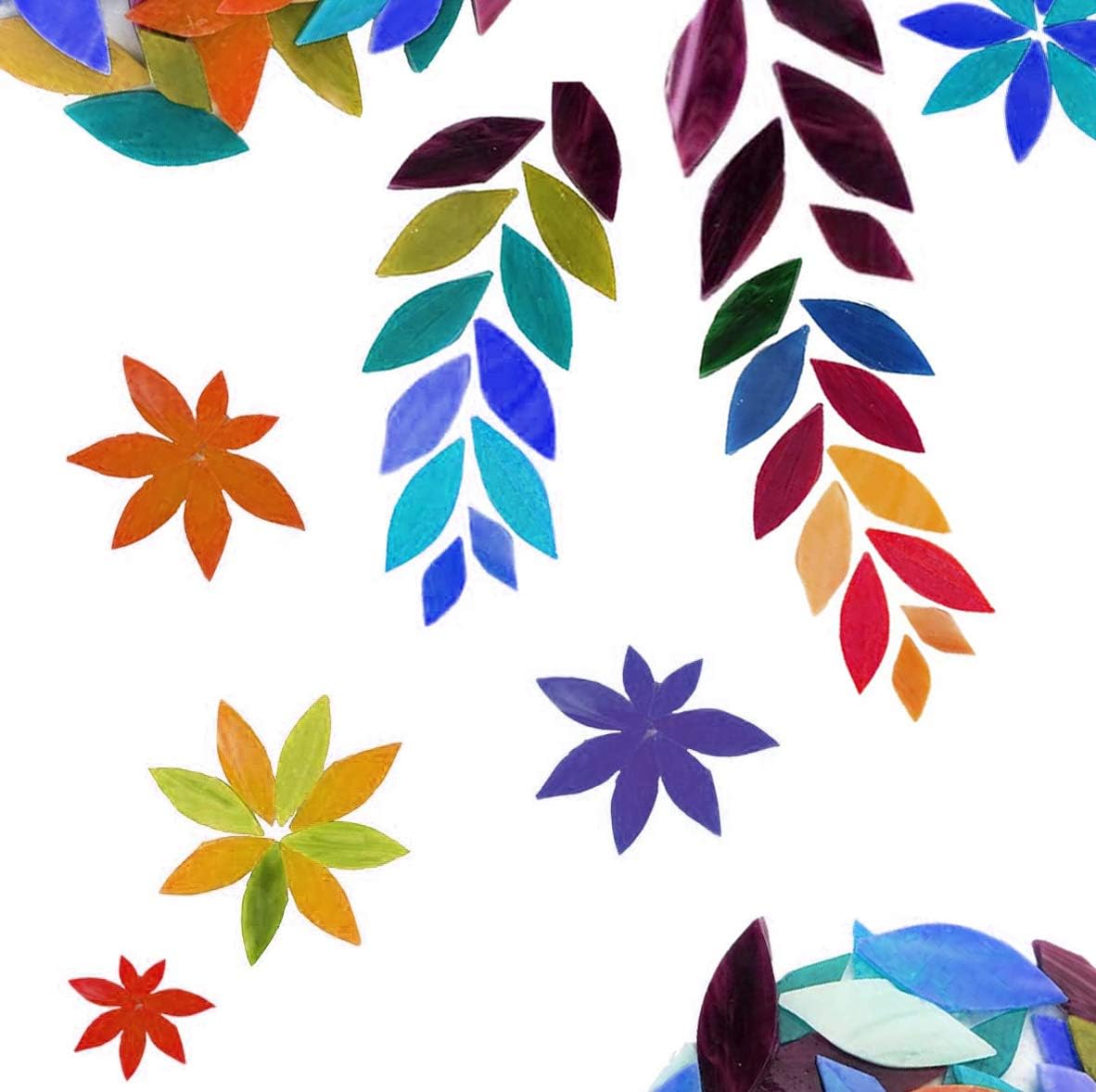 100 azulejos de mosaico de pétalos, piezas de vidrio de mosaico de colores mixtos, hojas de flores cortadas a mano, azulejos para manualidades,