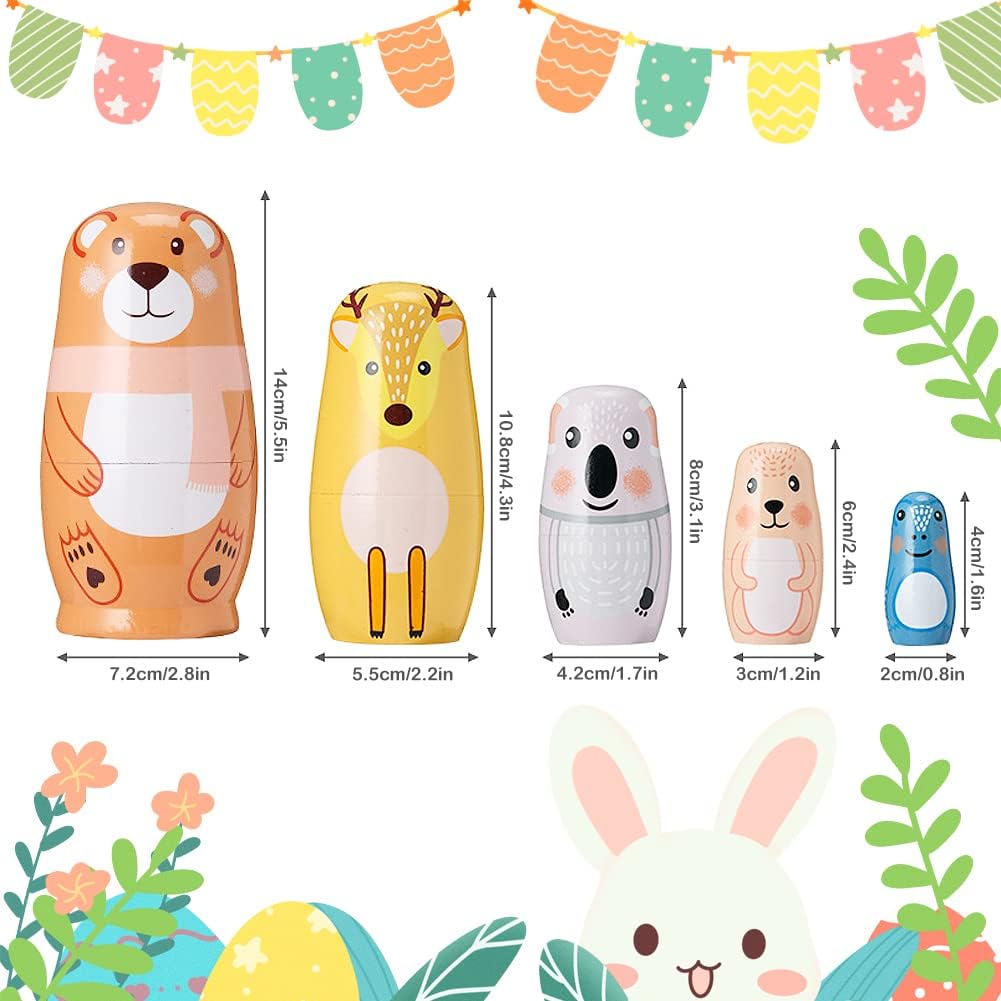 Winterworm Juego de 5 muñecas de anidación de animales Matryoshka Oso, jirafa, koala, conejo, rana, muñecas de anidación rusas, juguetes apilables,