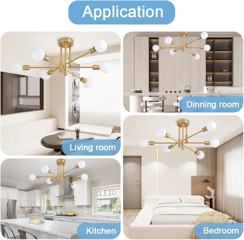 Biewalk Lámpara de araña Sputnik moderna, lámpara de techo de 6 luces de mediados de siglo, lámpara Sputnik para dormitorio, comedor, cocina,