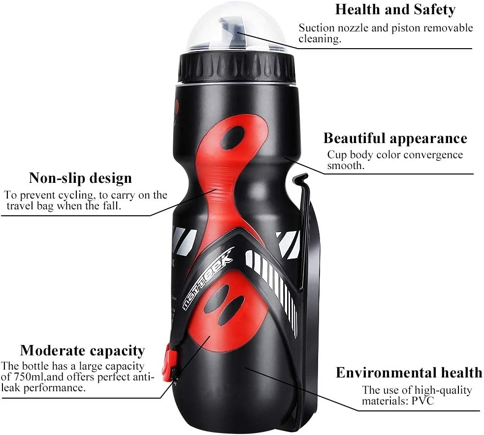 Botella de agua para bicicleta, botella de agua deportiva de 22.0 fl oz con soporte de jaula para bicicleta de montaña (negro)